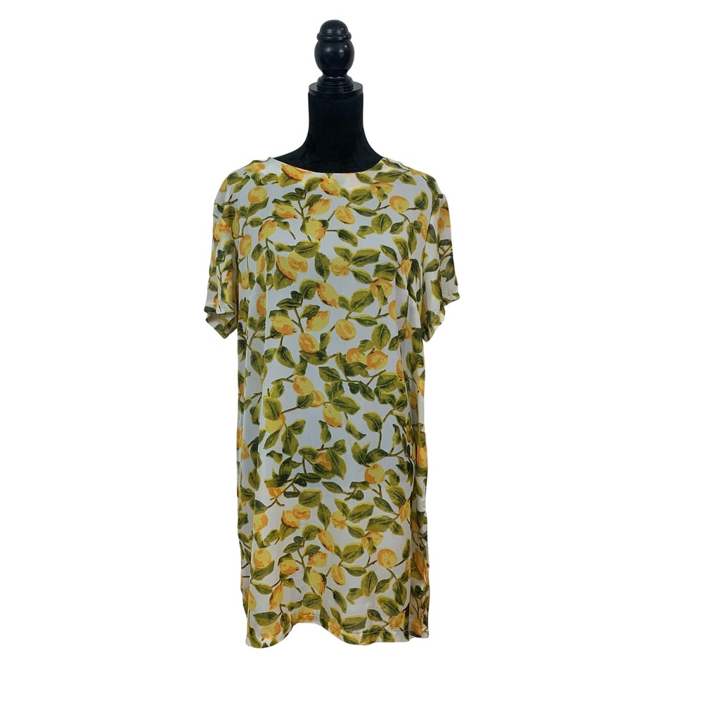 Boohoo Women's Size 12 White Lemon Print Short Sleeve Shift‎ Dress Garden Picnic